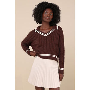 Lulus Posh Expert Brown Cable Knit Pullover Varsity Sweater - Size S